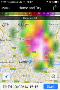 The 3.15pm storm that flooded large parts of East London. The white area shows where the heaviest rain was